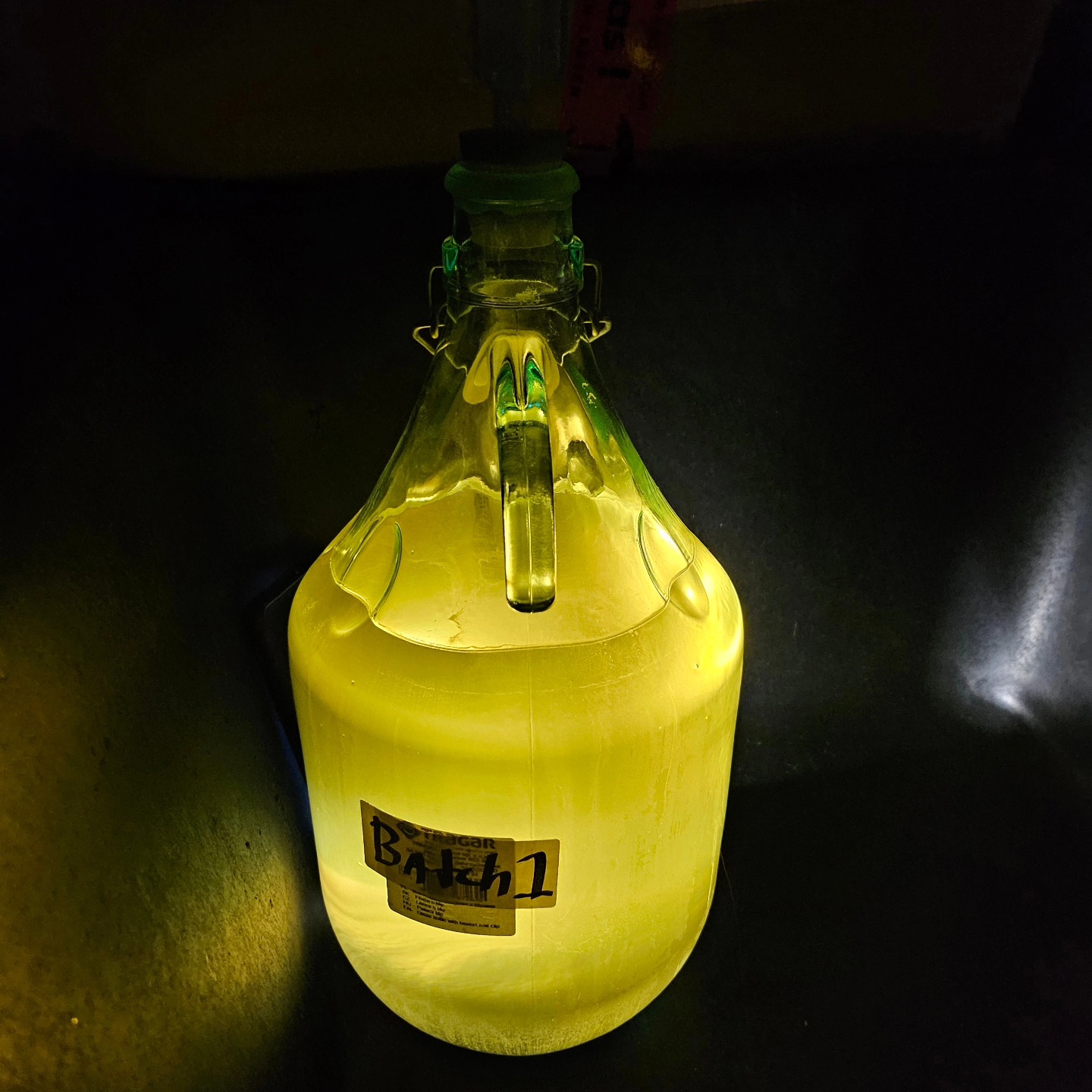 Golden mead glowing in carboy against dark background