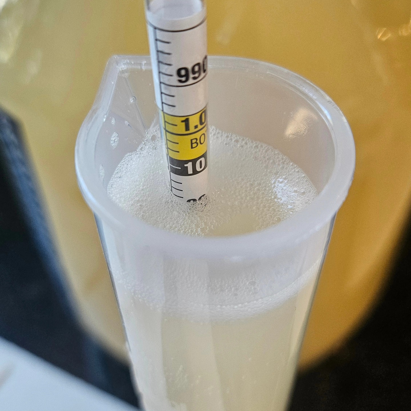 Hydrometer taking a reading in foamy liquid